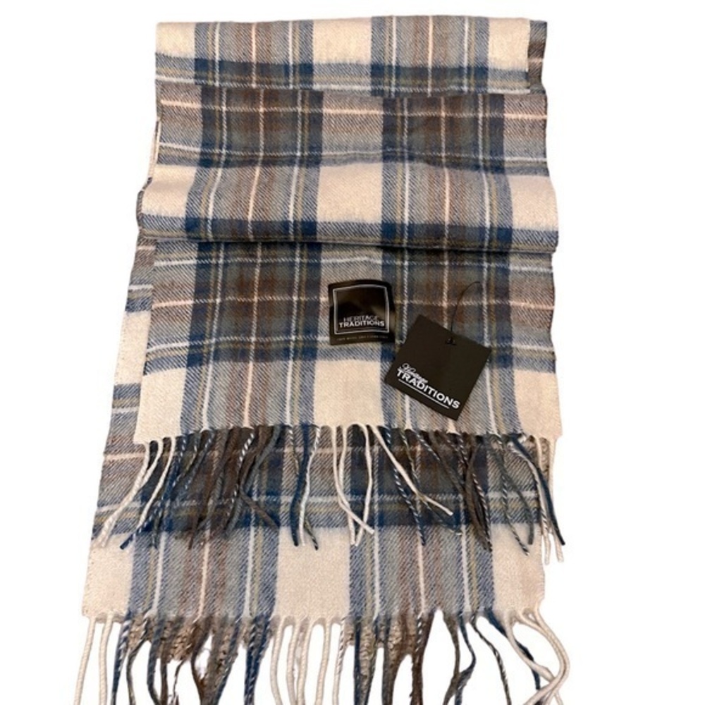 NWT! Heritage Traditions 100% wool muted blue & brown Dress Stewart plaid scarf